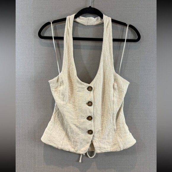 By Anthropologie Halter Cotton Button Front Vest Halter Top Sand Beige - Picture 7 of 14